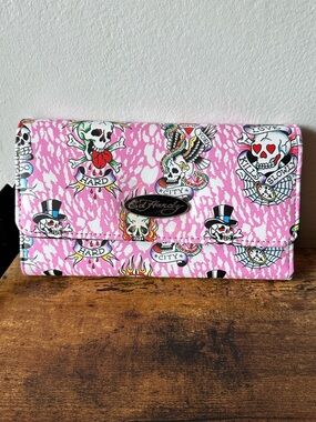 Ed Hardy Pink Tattoo-Inspired Skeleton Women’s Long Wallet Fold Out NWT